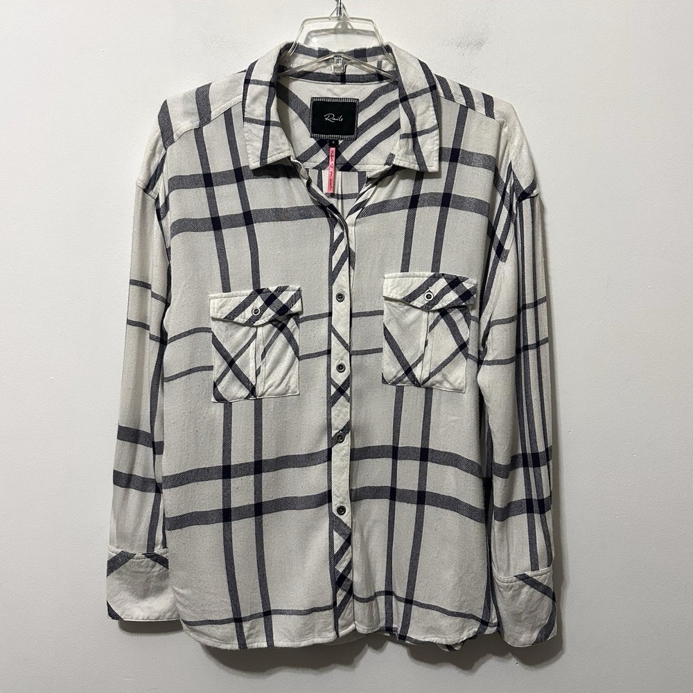 Rails x Free People Flannel Blouse S Draped Plaid Button Front White Gray Cozy